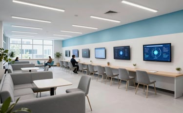 A wide-angle professional photograph of a modern community learning space in a North American tech hub. Sleek furniture and interactive digital displays on the walls suggest innovation. Lighting is bright and welcoming with light blue and white color palette.