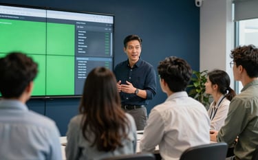 Professional photography of a mentor guiding a small group of adult learners in a high-tech North American office. They are looking at a large wall-mounted screen displaying data. Intelligent and welcoming atmosphere with deep navy and vibrant green tones.