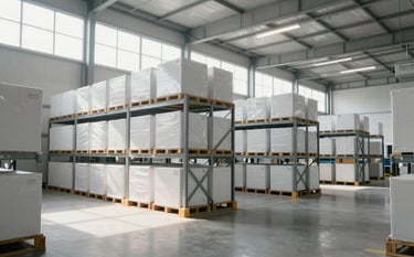 A wide shot of a modern, clean logistics warehouse in Southern Europe, with organized shelving and soft morning light entering through high windows. Professional and efficient atmosphere with a color palette of white and soft grays.