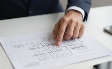 A close-up shot of a professional hand in a Southern European business suit pointing at a detailed logistics diagram on a clean white desk, featuring elegant lighting and a minimalist corporate style.