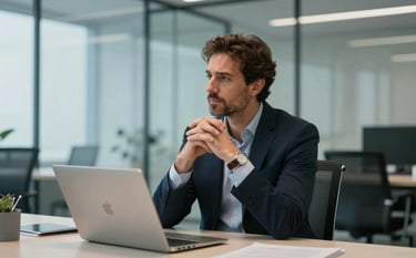 A professional Southern European consultant in a modern, glass-walled office, engaged in strategic thinking. The environment is minimalist and elegant with subtle blue and off-white tones.