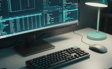 Close-up of a high-tech workspace with dual monitors displaying complex data lines, a modern mechanical keyboard, and a muted turquoise desk lamp. The lighting is sleek with deep charcoal teal shadows and pale mint highlights.