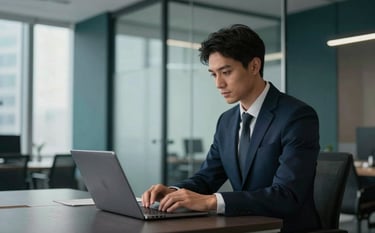 A professional consultant in a modern office with minimalist glass partitions, soft natural lighting, wearing a dark navy blue suit, working on a silver laptop. The environment features deep charcoal teal accents and a high-end business atmosphere.