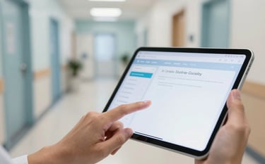 A close-up photograph in a bright North American / US medical office where a hand is interacting with a sleek tablet displaying a clean user interface. The background is a soft-focus clinic corridor with light blue and off-white accents, conveying a professional and innovative healthcare atmosphere.