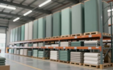 A modern, sophisticated textile export warehouse or family office showing generational legacy and global reach. Premium quality, modern aesthetic. Hues of slate green #5B7B7C.