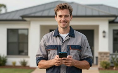 An Australian tradesperson in clean workwear holding a smartphone, standing in front of a modern home, soft daylight, professional and trustworthy vibe.