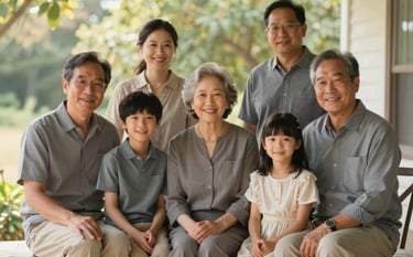 A warm, professional photograph of a multi-generational family sitting together on a porch, bathed in soft, natural morning light. The composition is balanced and serene, featuring muted tones of #6B7F67 and #A8B9A6 in their clothing and the surrounding greenery, evoking trust and stability.