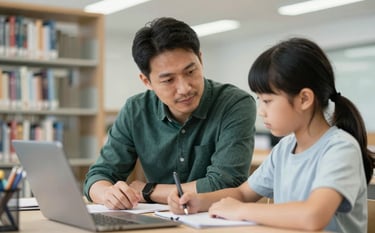An inspiring scene of a mentor and a young student engaged in a project in a bright, modern library setting. The atmosphere is quiet and focused, with professional lighting. The color palette includes #3A4033 and #F1F5EF to highlight a sense of purposeful growth.
