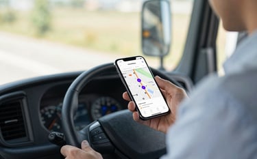 A professional truck driver in a modern vehicle cabin, looking at a smartphone with a clean logistics map interface. The app features purple markers (#300A60) and an orange route line (#FF8E00). The lighting is bright and natural, conveying a professional and trustworthy startup vibe.