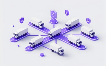 A futuristic 3D isometric illustration of a logistics network. White trucks move along glowing purple #300A60 paths on a light gray #A8ADB0 map. Tech symbols like digital shields and clocks represent security and efficiency. Minimalist and professional style.