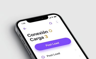 Close-up of a high-end smartphone displaying a modern app interface for &amp;#x27;Conexión Carga&amp;#x27;. The screen shows an intuitive &amp;#x27;Post Load&amp;#x27; button in #FF8E00 and purple #300A60 accents. The style is minimalist and tech-focused, set against a clean, light gray #A8ADB0 background with soft shadows.