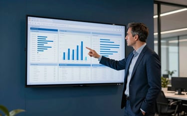 Photography of a professional European office in London. A strategic consultant in smart business attire points to a large screen displaying complex CRM data trends. Soft natural light, deep blue and muted blue office accents, modern professional atmosphere.