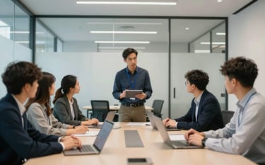 Photography of a bright training room in a British tech hub. A professional mentor is teaching a group of employees using a tablet. Modern architecture, glass partitions, light blue and off-white color palette, clean professional atmosphere.