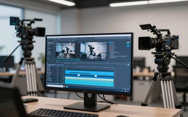 A high-end professional media production suite in a modern North American office. A large monitor displays video editing software with vibrant blue and white color grading. The lighting is soft and cinematic, highlighting sophisticated cameras on tripods in the background.