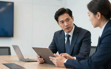 A bright, professional meeting room in a North American tech hub. Two professionals are engaged in a strategic discussion over a sleek tablet. The background features a clean, white wall with subtle architectural detail and muted blue accents. The lighting is bright and enterprise-grade.