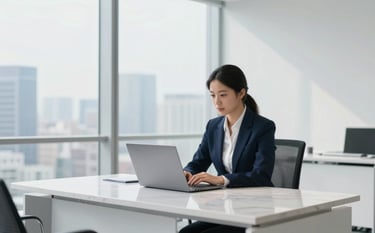 A high-end, minimalist North American corporate office interior. A professional individual in modern business attire is focused on a laptop at a clean, white marble desk. Large windows show a soft-focus city skyline. The color palette is dominated by white and dark blue, with soft natural lighting.