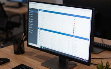 A close-up photograph of a sleek, high-end monitor in a dark North American workspace. The screen displays professional, minimal data dashboards with blue and white accents. The surrounding desk is organized and modern, reflecting an enterprise-level data company atmosphere.