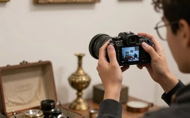 A high-quality, professional photograph of a bright, well-organized home interior featuring high-end furniture and collectibles ready for cataloging. Soft natural light, with cool white walls and dark navy accents in the decor, projecting transparency and care.