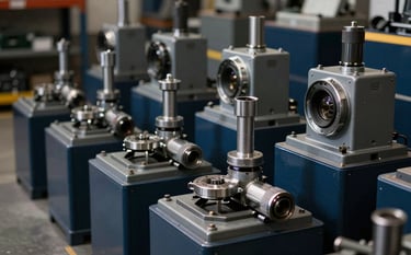 A sharp, professional photograph of industrial tools and commercial equipment arranged neatly in a warehouse. The lighting is crisp, highlighting the textures of steel grey machinery against dark navy shadows, emphasizing authority and value.