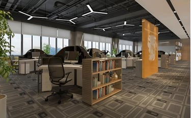 Open plan office — dark exposed ceiling, geometric pendant lights, workstations, bookshelf partition