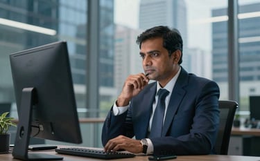 A sophisticated South Asian / Indian businessman in a refined, modern office in a major Indian city. He is looking thoughtfully at a digital screen, reflecting his 40 years of deep industry experience in electronics and tech. The atmosphere is professional and authoritative, with steel blue and navy tones.