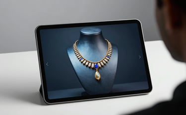 An innovative digital setup showing a professional tablet displaying a virtual try-on of a necklace. The background is a clean, modern Indian studio. Focus on the screen showing cutting-edge CGI technology. Lighting is crisp and cool, featuring steel blue and gold accents.