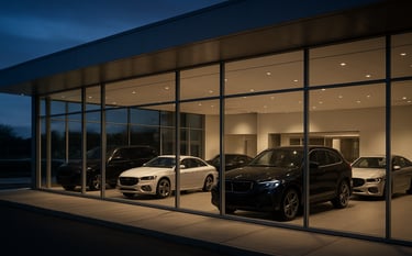 A wide-angle, high-end photograph of a modern North American automotive dealership showroom at twilight. The architecture is minimal with large glass windows and clean lines. Inside, luxury vehicles are positioned strategically under soft, elegant lighting. The atmosphere is sophisticated, professional, and quiet, reflecting a premium corporate brand.
