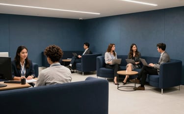 A modern office lounge where professionals are collaborating. The interior design features dark navy furniture, slate blue walls, and clean off-white floors. Contemporary and professional mood.