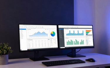 A professional desk setup featuring dual monitors showing digital analytics and charts. The room has a contemporary feel with soft dark navy walls and periwinkle blue accent lighting. Sleek, results-oriented atmosphere.