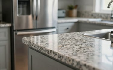 Close-up of a modern North American kitchen with stainless steel appliances and granite countertops, sparkling clean and reflecting soft morning light, projecting a sense of hygiene and order.