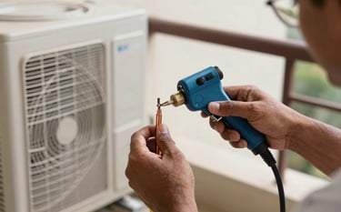 A close-up shot of a South Asian / Indian expert technician's hands using professional tools to repair the copper pipes of an outdoor AC unit on a sunny balcony in Noida. Professional gear visible with steel blue and dark navy tones.