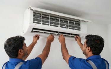 Two South Asian / Indian technicians carefully mounting a new white split AC indoor unit on a clean white wall in a modern apartment. Professionalism, precision, and reliable efficiency depicted in a clean setting.