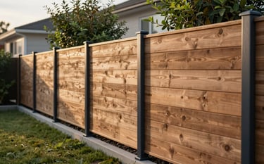 A high-quality horizontal wooden privacy fence with Dark Navy Slate metal support beams. The image shows a side angle looking down the fence line in a modern suburban backyard. The lighting is golden hour, accentuating the Muted Sage Green foliage nearby.
