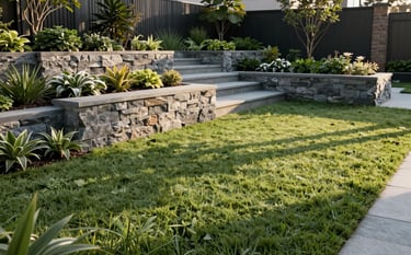 A modern residential garden landscape featuring a clean Muted Sage Green lawn, structural stone retaining walls, and organized flower beds. The lighting is early morning sun, highlighting the precision craftsmanship and the integration of industrial strength with natural beauty.