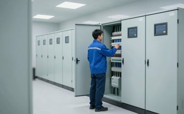 A wide-angle shot of a commercial electrical room. A technician is inspecting a large, modern electrical panel with high-tech components. The environment is organized and clean. The color palette incorporates the brand's #174A6F and #A4D8EE blues, reflecting professional expertise.