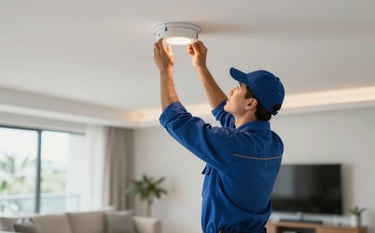 A professional electrician in a clean uniform installing modern recessed lighting in a bright, upscale Florida home living room. The lighting is soft and natural. The image uses a clean, professional aesthetic with subtle #021C30 and #174A6F tones in the background and clothing.
