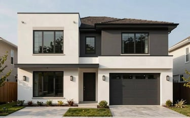 A professionally photographed luxury residential exterior in a North American / US suburb. The home features modern minimalist architecture with clean lines and textures in off-white and charcoal. Soft natural daylight highlights the sophisticated curb appeal and design precision.