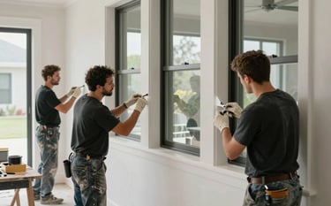 A professional North American / US painting crew applying premium finishes to a modern luxury residence. They are working with focus and meticulous care on window trims, surrounded by a clean, professional worksite.