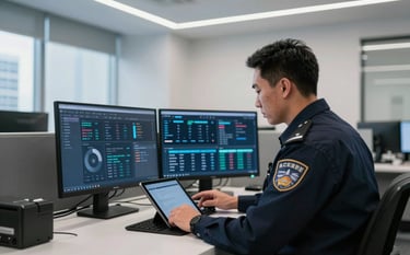 A security professional in a North American / US financial district office monitoring a sleek dashboard on a tablet, minimalist interior with steel blue and frost white accents, morning lighting, clean professional style.