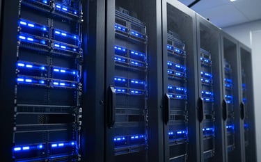 A high-tech server room in a North American / US data center with glowing steel blue and midnight navy lights reflecting off sleek server racks, emphasizing professional modern infrastructure and innovative technology.
