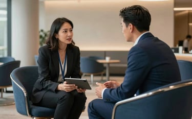 Two professionals in a Global / Professional business lounge, engaged in a career coaching session. They are sitting in comfortable Steel Blue chairs with a tablet between them. The lighting is warm and inviting, emphasizing trust and collaboration.