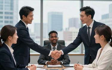 A group of diverse professionals in a Global / Professional boardroom setting, sharing a firm handshake over a successful agreement. The background is a blurred cityscape through floor-to-ceiling windows. Colors include Deep Midnight Navy and Pearl White.
