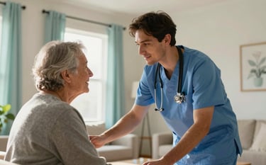A professional health worker and an older adult sharing a warm moment in a sunlit North American / US home. The room features off-white walls and pale aqua accents, with soft morning light creating an atmosphere of professional warmth and empathy.