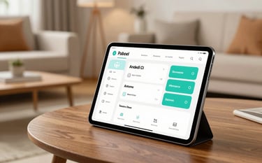 A close-up shot of an Android tablet on a wooden coffee table, showing a sleek home automation dashboard. The interface uses a clean layout with teal accents (#2E6C6C). In the soft-focus background, a modern living room is bathed in warm light, reflecting the seamless integration of technology into a cozy home.