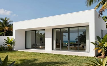Exterior of a modern minimalist villa in a Latin American coastal region. Clean white walls, large floor-to-ceiling windows, and a perfectly maintained garden with tropical plants. Bright, airy, and luxurious.