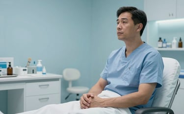 A medium shot of a patient in a high-end medical facility in Sydney, Australia, looking relaxed and informed. The environment is serene, featuring mist blue walls and sky white furniture, conveying trust and healthcare innovation.
