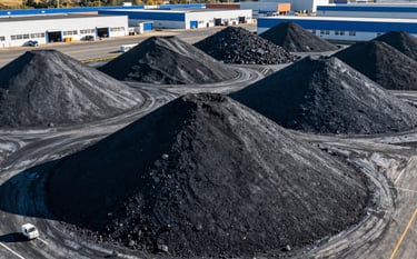 A professional wide-angle photograph of high-grade coal and industrial mineral ore stockpiles at a clean, modern port terminal. The lighting is crisp and natural, highlighting textures of charcoal gray and steel blue. The setting is an International / Global logistics hub with a sophisticated atmosphere.