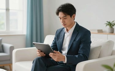 A professional person sits calmly in a bright, modern living room using a sleek tablet. The room features arctic white furniture and soft aqua blue curtains, lit by natural morning light to create a sense of reliability and ease.