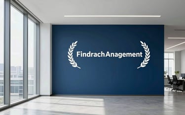 A minimalist, high-tech corporate office space with large windows. The interior uses midnight blue and arctic white tones, creating a professional and trustworthy environment for high-stakes financial management.