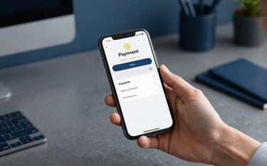Close up of hands holding a smartphone displaying a clean payment interface. The background is a tidy home office with midnight blue and slate grey blue desk accessories, suggesting professional efficiency.